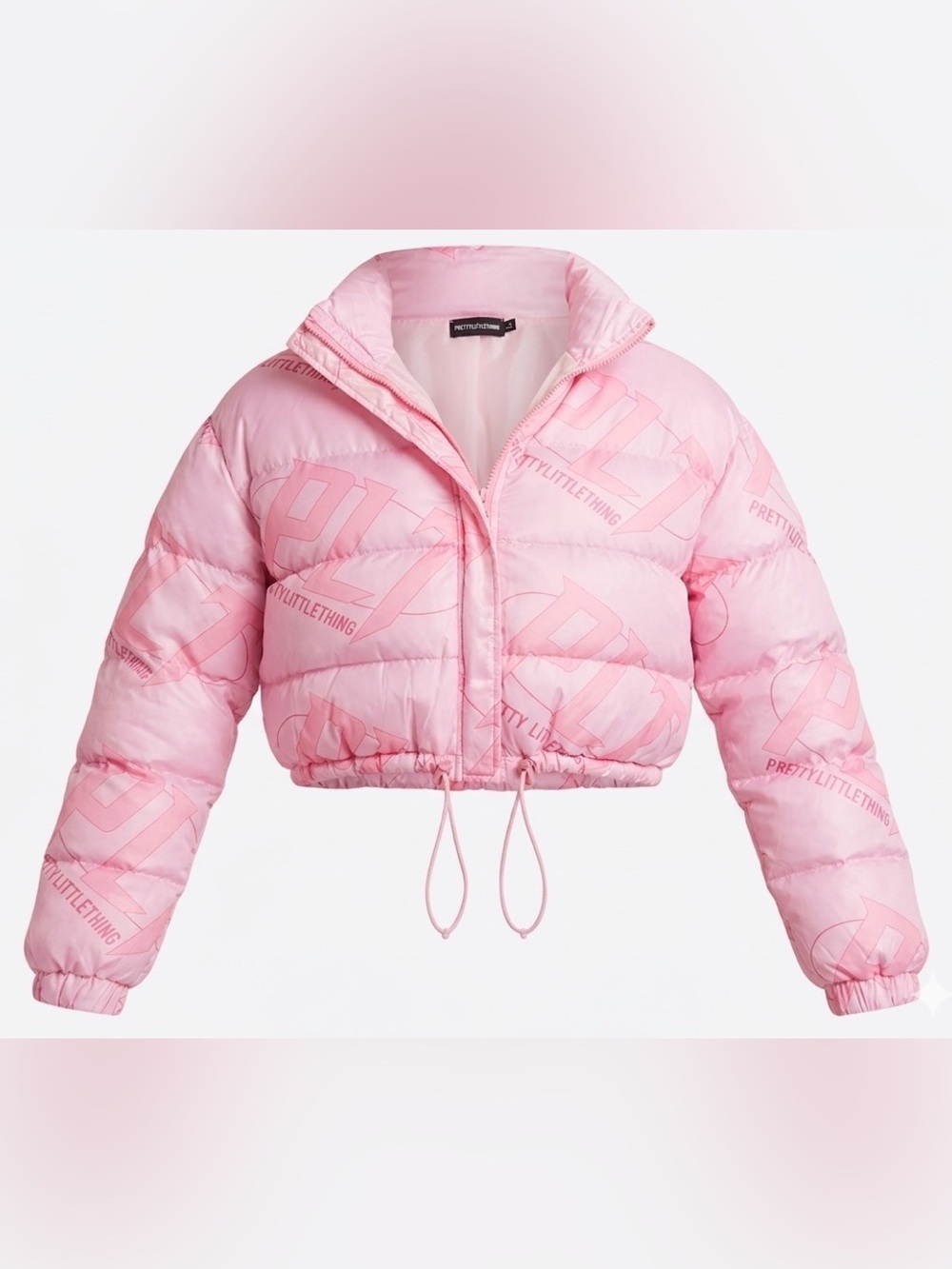 PrettyLittleThing Pink Monogram Cropped Puffer Jacket Logo Print US 10